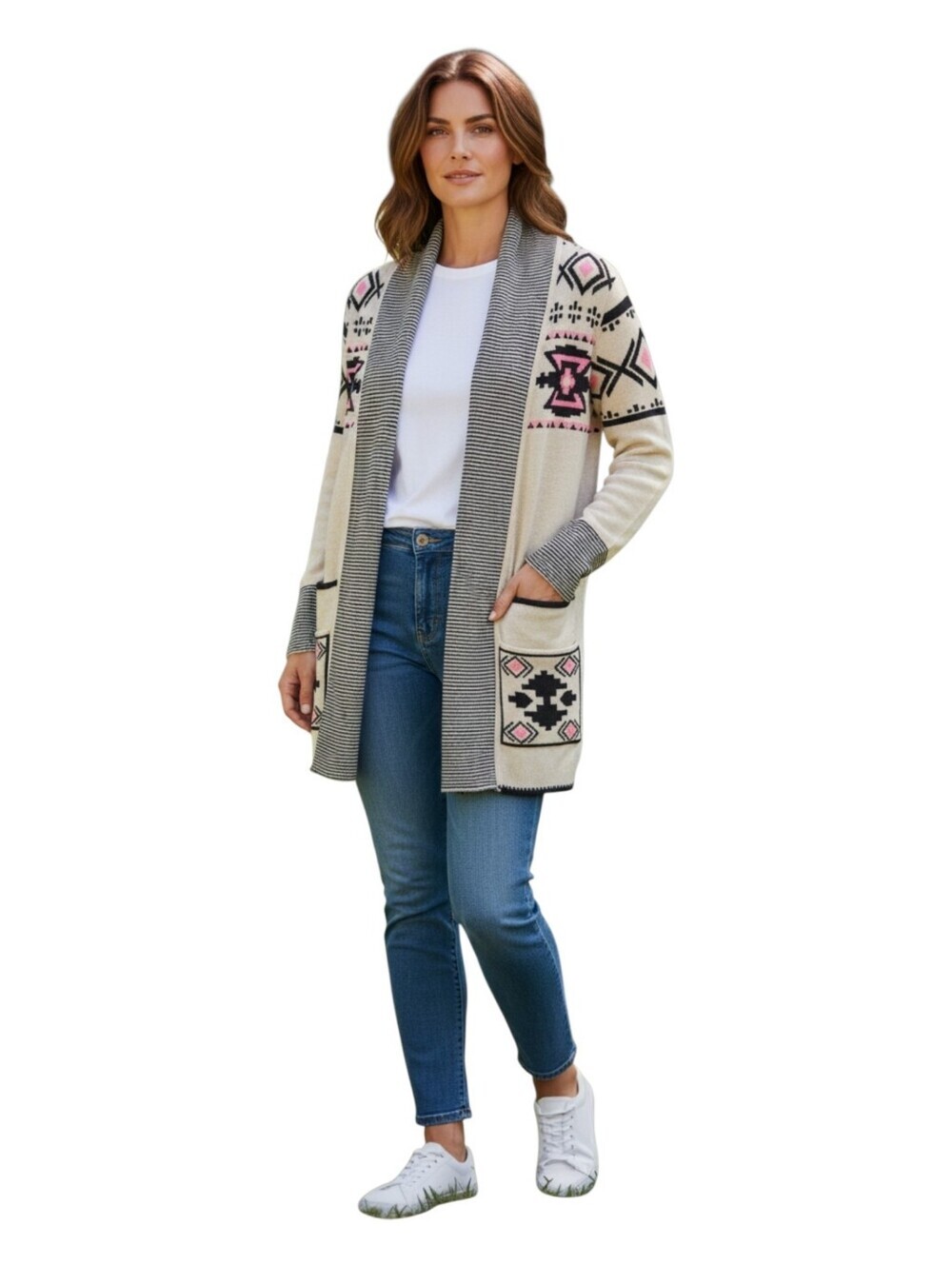 If It Were Me Womens Southwestern Aztec Knit Open Front Tunic Cardigan Medium